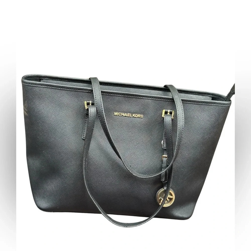Michael Kors Black Leather Tote with Gold Accents